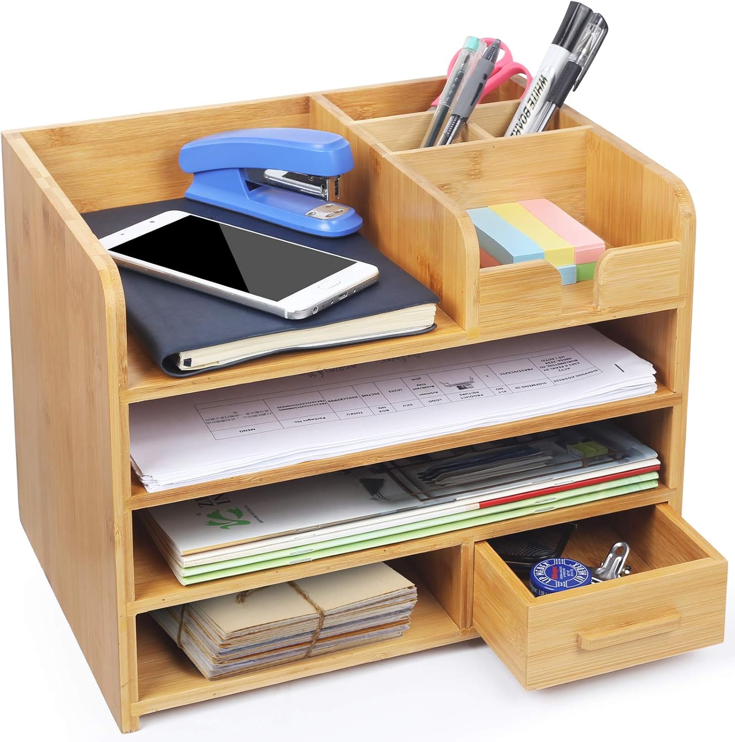 Bamboo Office Desk File Organizer with Drawer, 4Tiers
