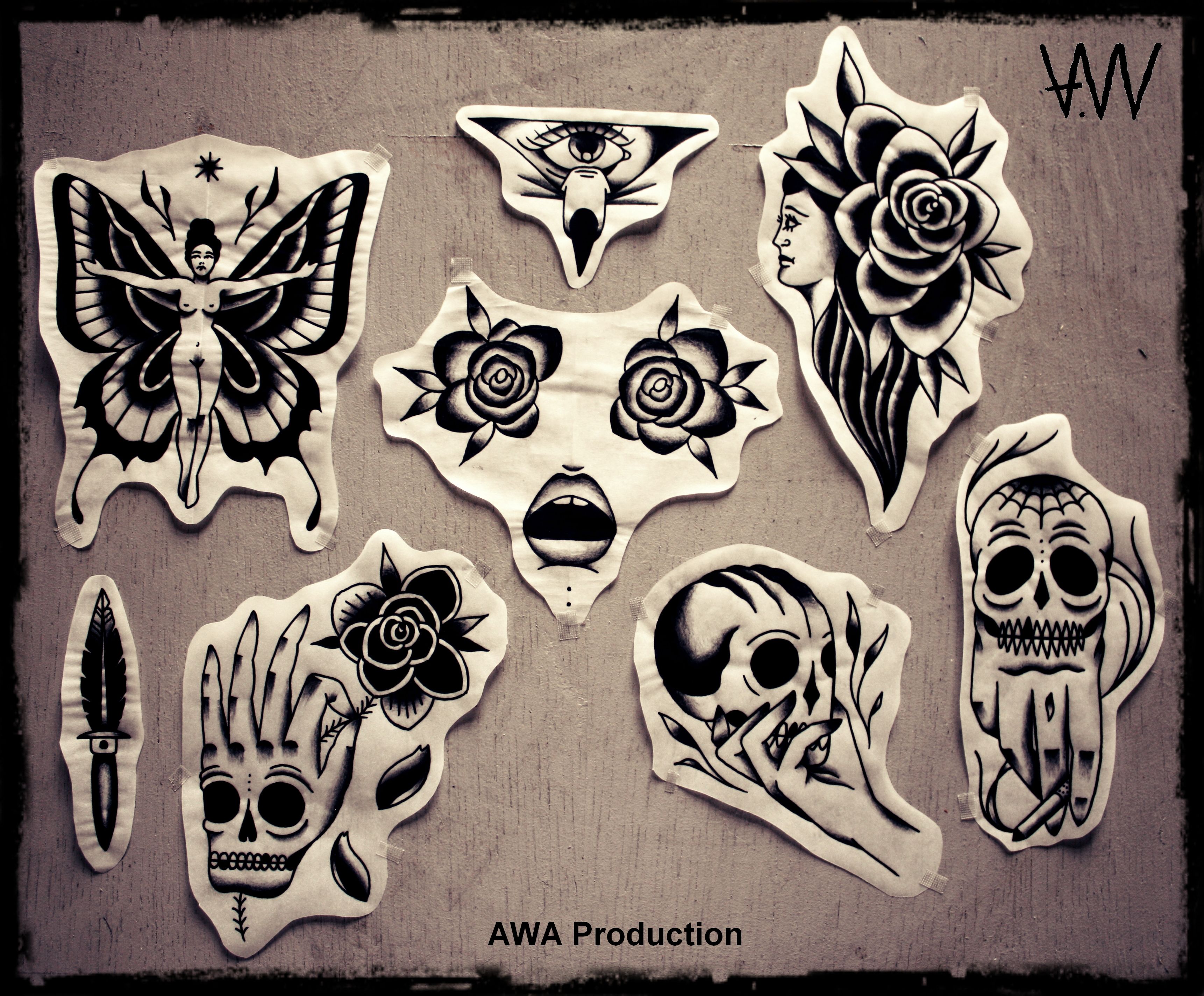 AWA Production Black Traditional Tattoo Flash. Black and grey tattoos