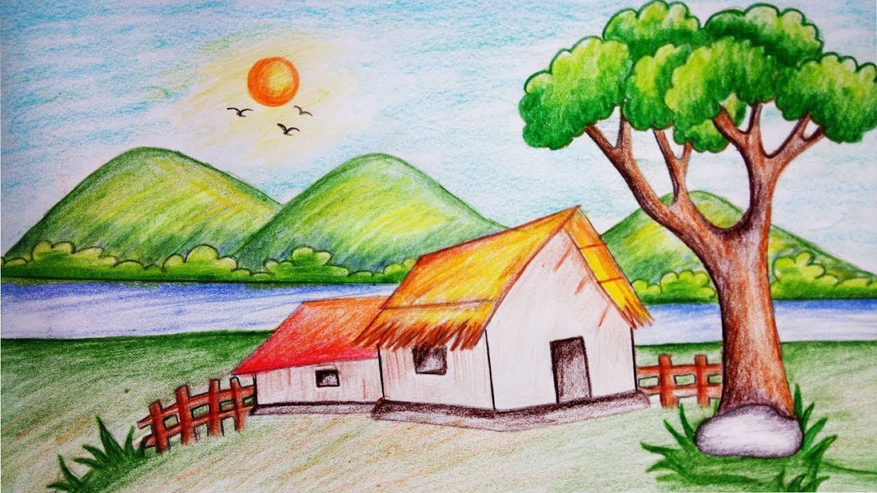 How to draw hillside scenery.Step by step(easy draw) YouTube