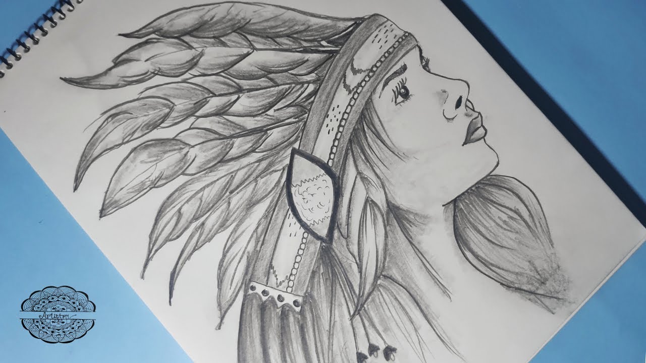 Girl with Feathers drawing for Beginners Pencil Sketch Native